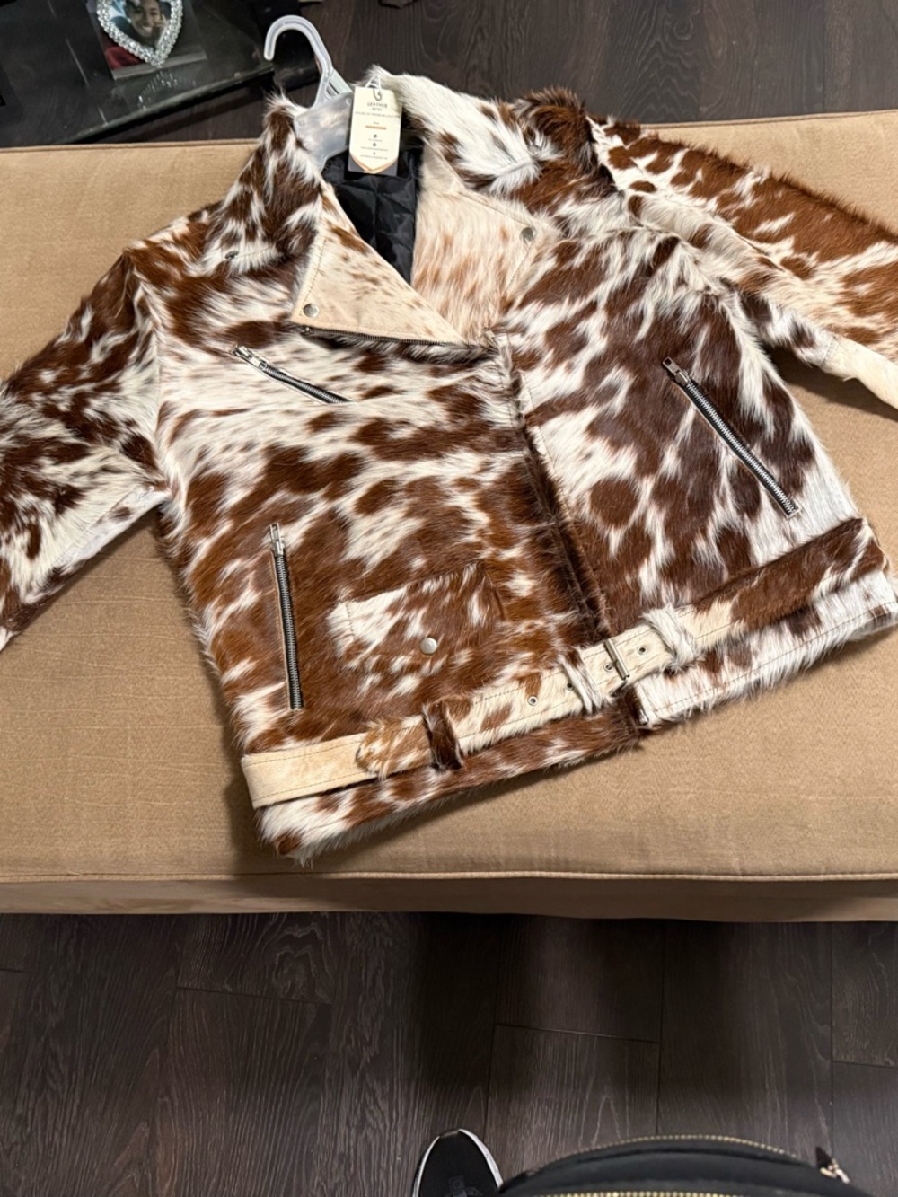 Cowhide-Print Faux Fur Motorcycle Jacket in Brown & White
